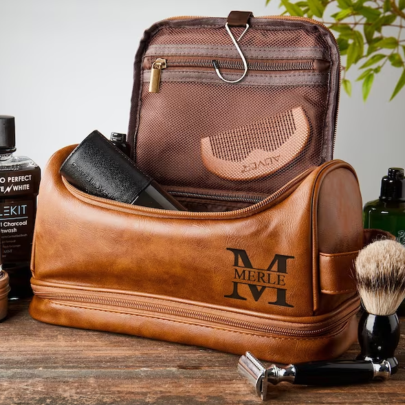 buy mens travel toiletrie bag Personalized Toiletry Bag, Groomsman Gift For Him, Engraved PU Leather Dopp Kit Caramel / Yes please