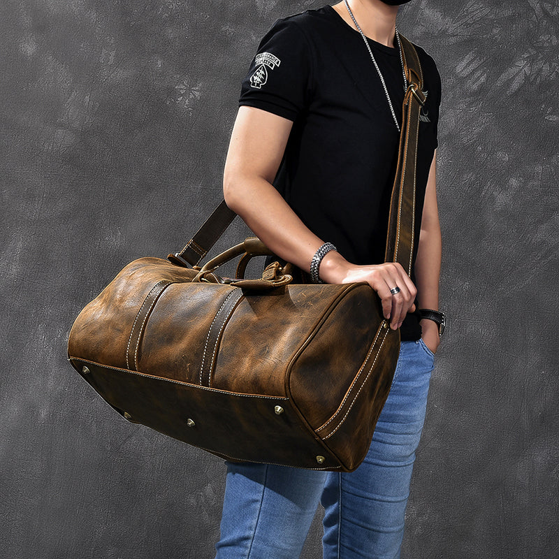 Crazy Horse Leather Travel Bags Vintage Men Duffle Bag Shoulder Messenger Bag Overnight Bag With Shoes Compartment - echopurse