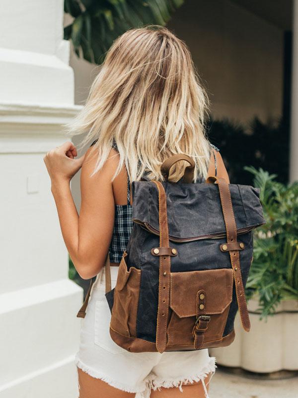 Leather and Canvas Backpack DSLR Camera Bag Camera Backpack School Backpack EchoPurse