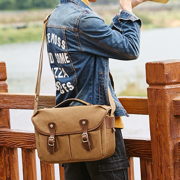 Waterproof Canvas & Leather Camera Messenger Bag - Shockproof For DSLR/SLR, Dark Grey Vintage Style