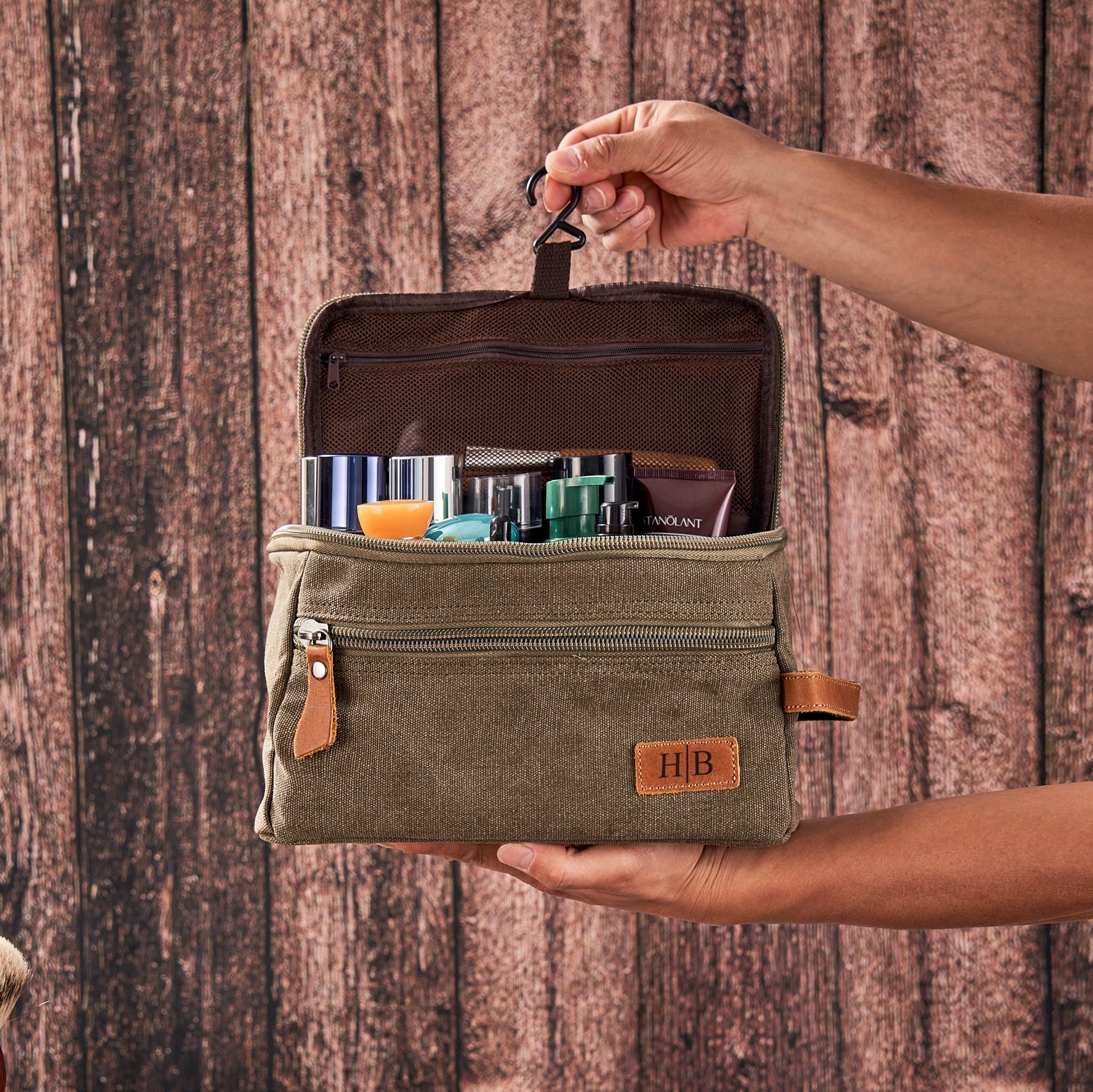 Personalized Men's Toiletry Bags, Canvas and Leather Dopp Kit For Men, Shaving Kit Green / Engrave Top