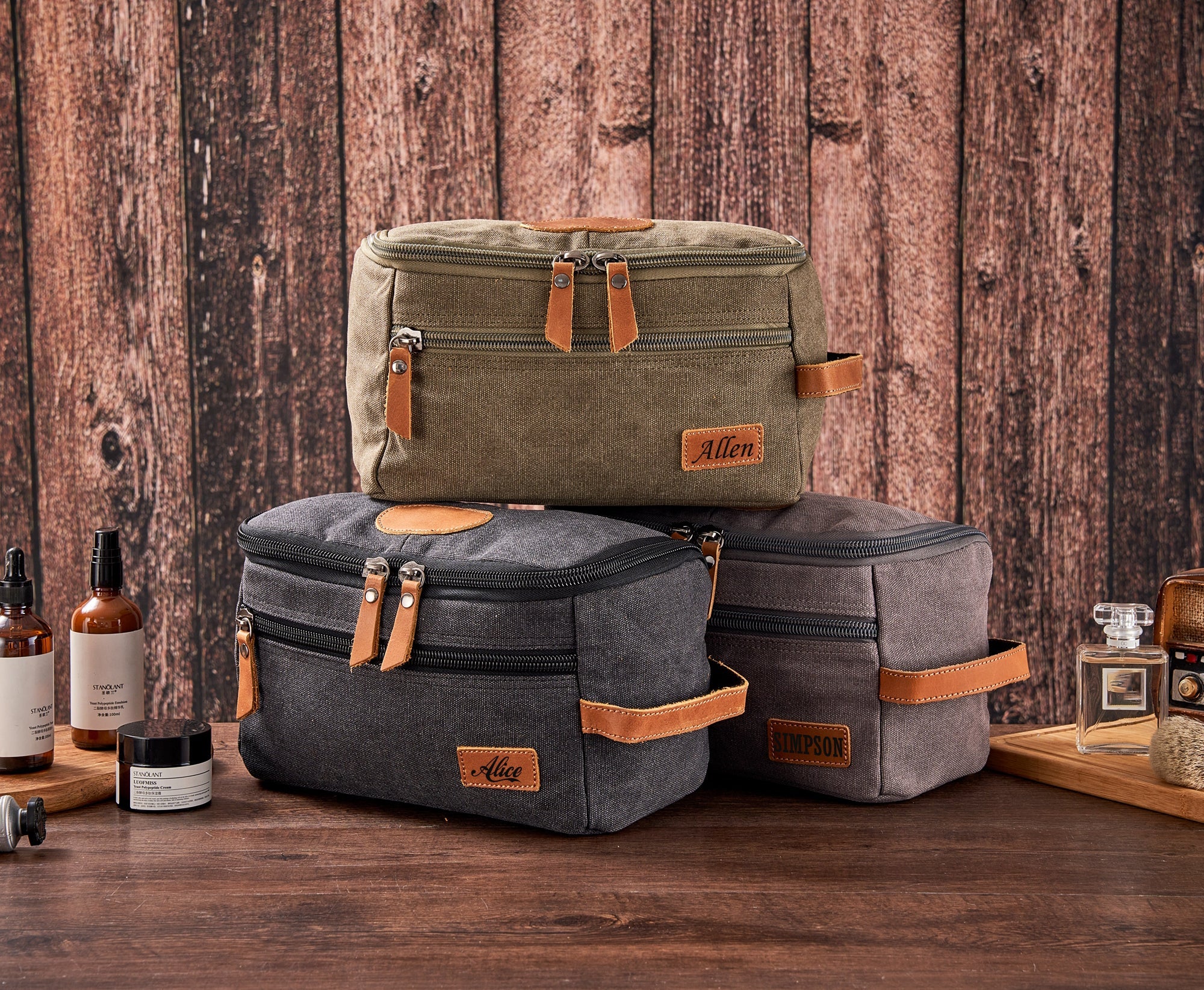 Personalized Men's Toiletry Bags, Canvas and Leather Dopp Kit For Men, Shaving Kit Grey / Engrave Top