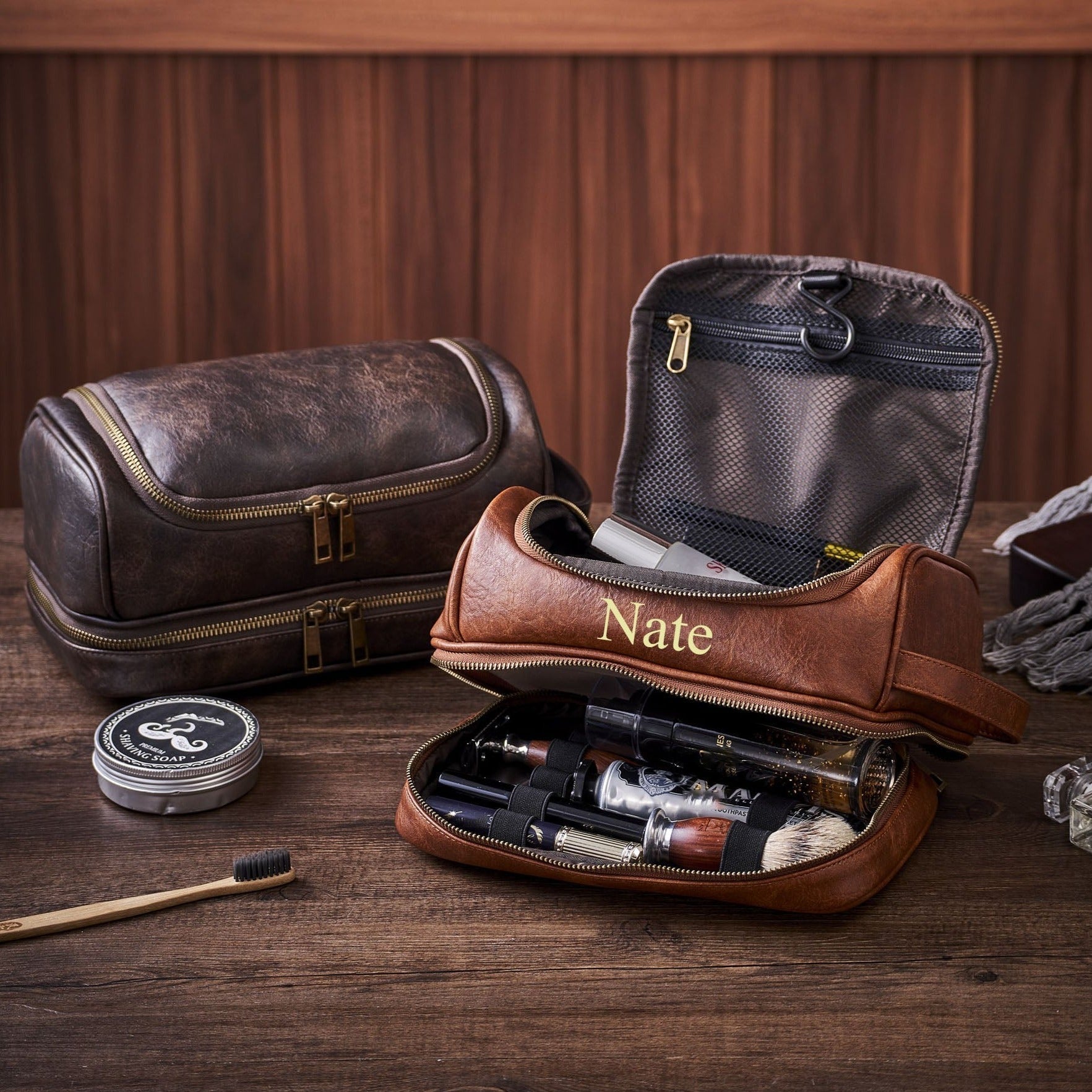 Personalized Groomsmen Gifts, Gifts For Men, Hanging On Toiletry Bag, PU Leather Dopp Kit, Best Man Gift Dark Coffee / No thanks