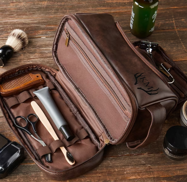 bathroom travel bag for men Personalized Hanging On Toiletry Bag, Groomsmen Gifts, Gifts For Men, PU Leather Dopp Kit Chocolate / No thanks