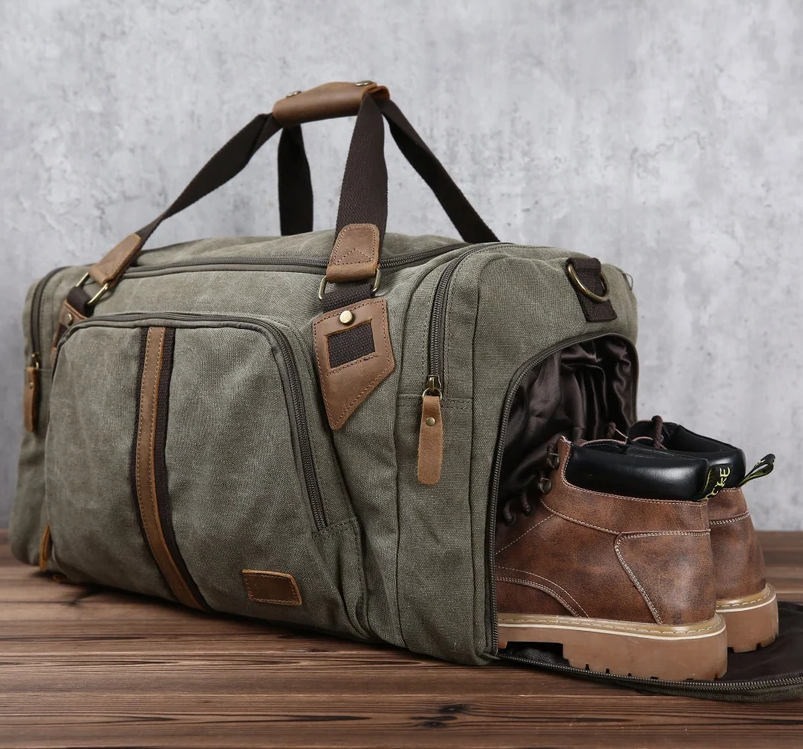 Personalized Travel Duffel Bag, Canvas Leather Weekender Bag, Carry on Overnight Bag with Shoes Compartment for Men Army Green / No thanks