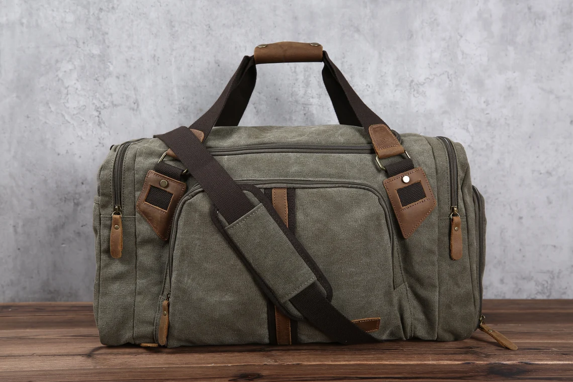 business travel duffel bags Personalized Travel Duffel Bag, Canvas Leather Weekender Bag, Carry on Overnight Bag with Shoes Compartment for Men Khaki / No thanks