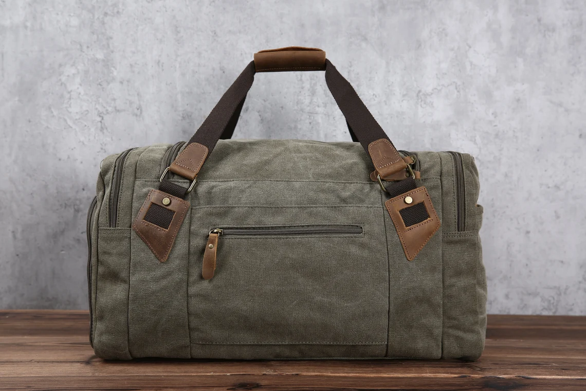 Personalized Travel Duffel Bag, Canvas Leather Weekender Bag, Carry on Overnight Bag with Shoes Compartment for Men Khaki / No thanks