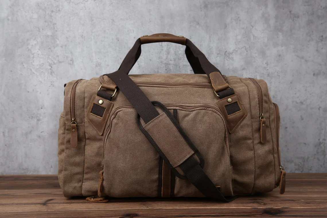 canvas duffel bag oversized travel overnight Personalized Travel Duffel Bag, Canvas Leather Weekender Bag, Carry on Overnight Bag with Shoes Compartment for Men Khaki / No thanks