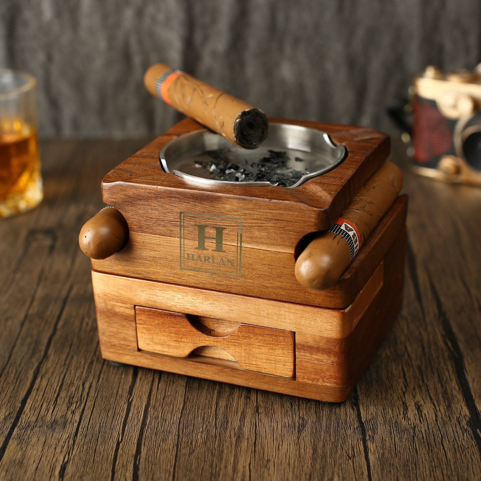Personalized Whiskey & Cigar Tray Glass Holder Ashtray Whiskey, 2
