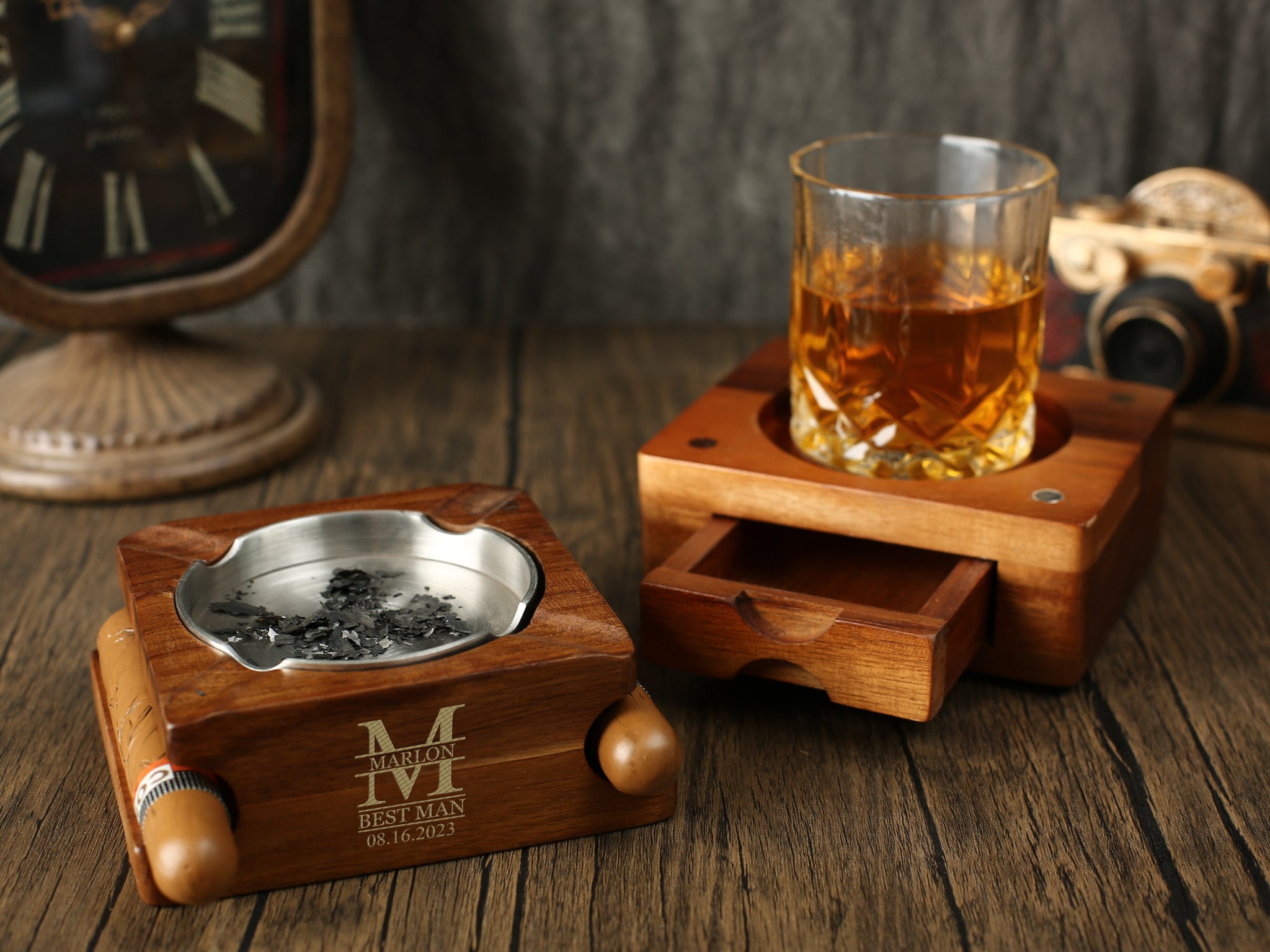 Cigar Ashtray Gift Set Wooden Tray Ashtray with Whiskey Glass Tray