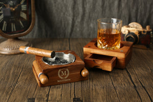 Personalized Whiskey Glass Holder & Cigar Tray, 2 in 1 Wooden Cigar Ashtray