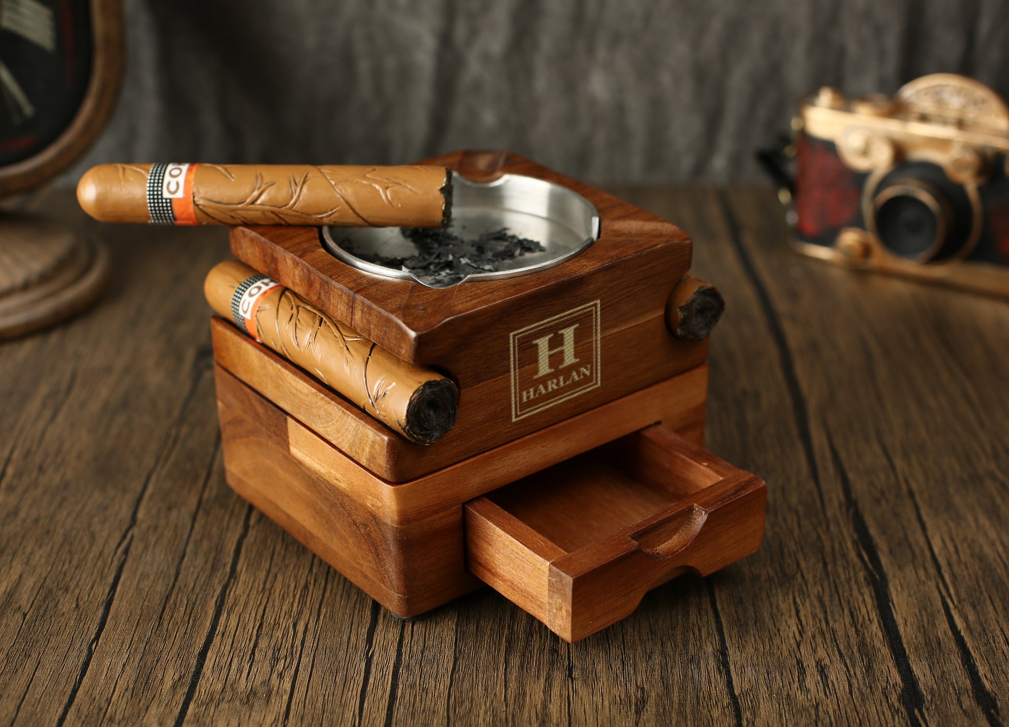 Personalized Whiskey & Cigar Tray Glass Holder Ashtray Whiskey, 2 in 1  Wooden Cigar Ashtray With Whiskey Glass Holder, Great Gifts for Men