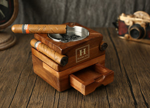 Personalized Whiskey Glass Holder & Cigar Tray, 2 in 1 Wooden Cigar Ashtray