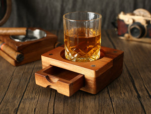 Personalized Whiskey Glass Holder & Cigar Tray, 2 in 1 Wooden Cigar Ashtray
