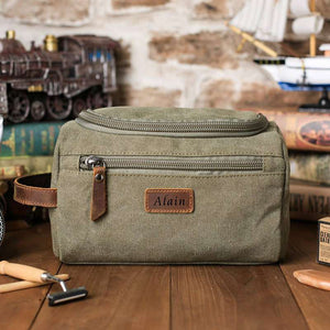 Groomsmen Gifts - Toiletry Bag, Dopp Kit, Brown Leather and Gray Canvas with Flip Top Open, Best Man, Groomsman, Wedding Gift,Christmas gift - icambag