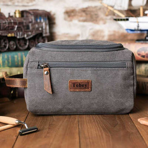 Groomsmen Gifts - Toiletry Bag, Dopp Kit, Brown Leather and Gray Canvas with Flip Top Open, Best Man, Groomsman, Wedding Gift,Christmas gift - icambag