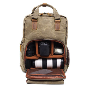 Waxed Canvas Camera Backpack, Photographer SLR Camera Bag, 15'' Laptop Backpack - echopurse