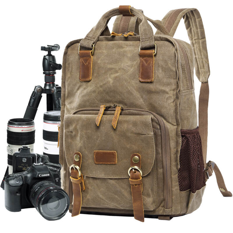 Waxed Canvas Camera Backpack, Photographer SLR Camera Bag, 15'' Laptop Backpack - echopurse