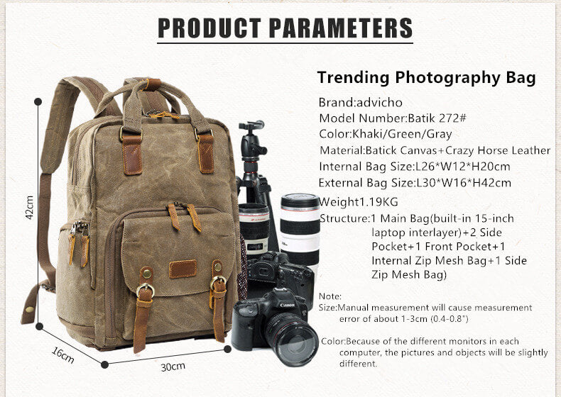 Waxed Canvas Camera Backpack, Photographer SLR Camera Bag, 15'' Laptop Backpack Waxed Canvas Camera Backpack, Photographer SLR Camera Bag, 15'' Laptop Backpack