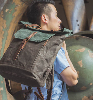 Vintage Style Unisex School Bags, Travel Backpack, Handmade Leather And Waxed Canvas Rucksack NX098 - echopurse