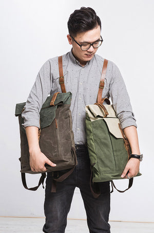 Vintage Style Unisex School Bags, Travel Backpack, Handmade Leather And Waxed Canvas Rucksack NX098 - echopurse