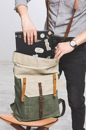 Vintage Style Unisex School Bags, Travel Backpack, Handmade Leather And Waxed Canvas Rucksack NX098 - echopurse