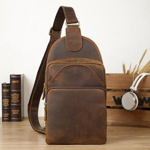 Crazy Horse Leather Chest Pack Vintage Shoulder Bag Men Messenger Bag Chest Bag - echopurse