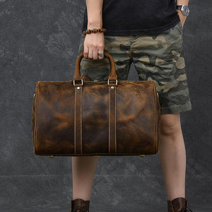 Crazy Horse Leather Duffle Bag Retro Weekender Bags Tote Overnight Bag Shoulder Travel Bags - echopurse