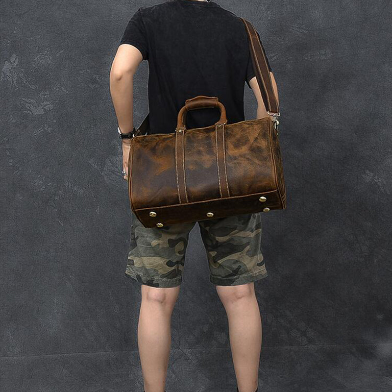 Crazy Horse Leather Duffle Bag Retro Weekender Bags Tote Overnight Bag Shoulder Travel Bags - echopurse