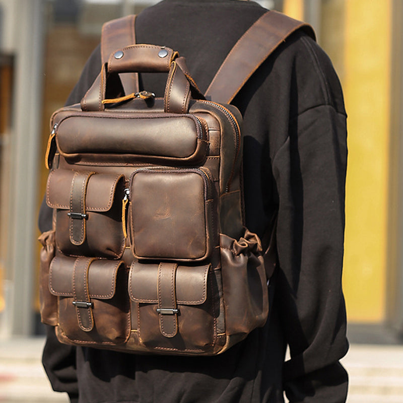 crazy horse leather backpack Crazy Horse Leather Laptop Backpack Men Travel Backpack Vintage Casual Backpack