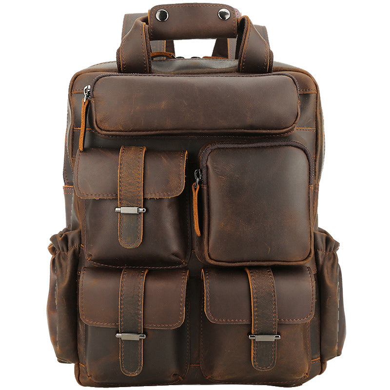 Crazy Horse Leather Laptop Backpack Men Travel Backpack Vintage Casual Backpack - echopurse
