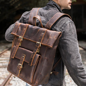 Crazy Horse Leather Men Backpack Laptop Backpack Large Travel Backpack - echopurse