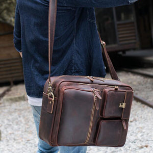 Crazy Horse Leather Men Briefcase Retro Laptop Bag Shoulder Messenger Bag Multifunction Backpack - echopurse
