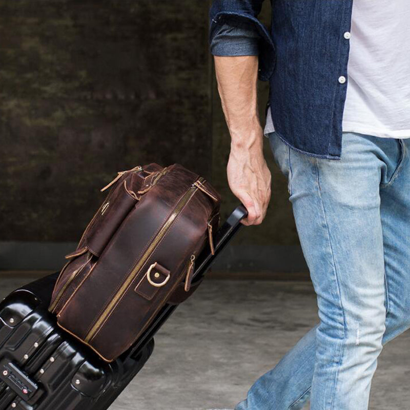 Crazy Horse Leather Men Briefcase Retro Laptop Bag Shoulder Messenger Bag Multifunction Backpack - echopurse