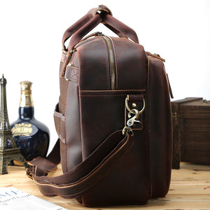 Crazy Horse Leather Men Briefcase Retro Laptop Bag Shoulder Messenger Bag Multifunction Backpack - echopurse