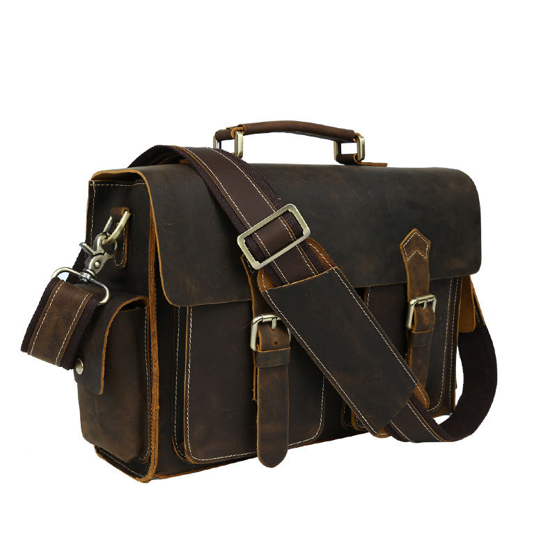 【中古】 Man With a Load of Mischief Crazy Horse Leather Men Briefcase Retro Shoulder Messenger