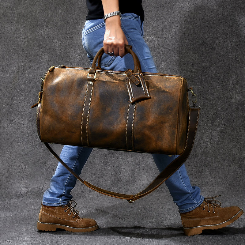 Crazy Horse Leather Travel Bags Vintage Men Duffle Bag Shoulder Messenger Bag Overnight Bag With Shoes Compartment - echopurse