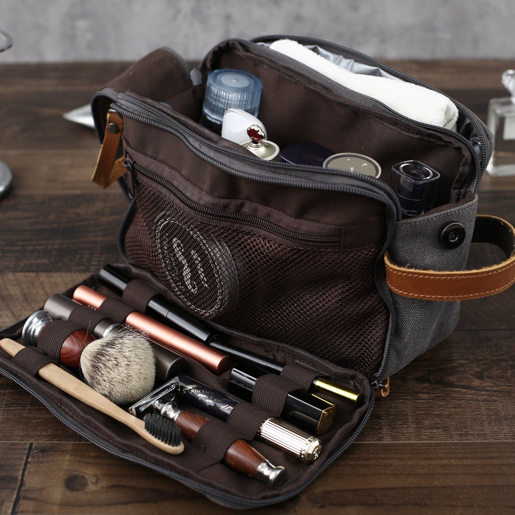 Groomsmen Gift, Canvas Toiletry Bag, Dopp Kit Shaving Kit, Best Men Gift, Christmas Gift, Bachelor Gift Khaki / No thanks