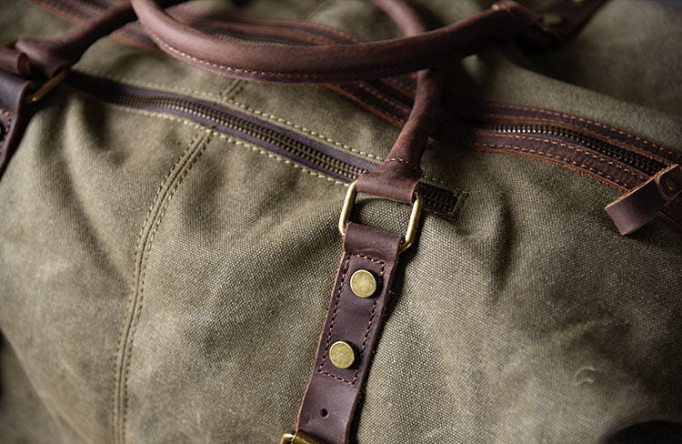 Leather and canvas duffel bag, vintage canvas travel bag, gym bag on sale - echopurse