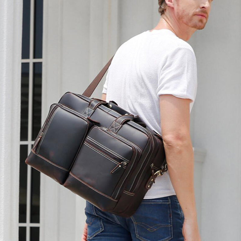 Men Leather Briefcase Crazy Horse Leather Shoulder Messenger Bag Men Tote Bag - echopurse