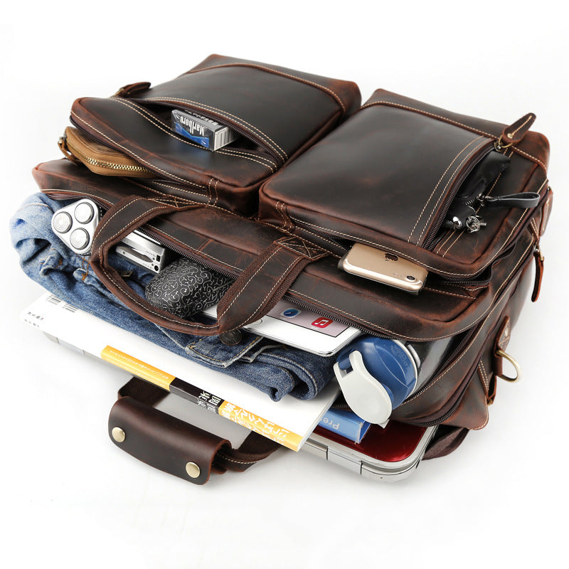 Men Leather Briefcase Crazy Horse Leather Shoulder Messenger Bag Men Tote Bag - echopurse