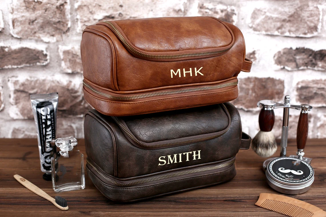 Leather Shaving Bag for Men, Mens PU Leather Toiletry Bag, Leather