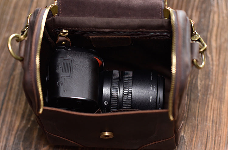 Small leather sales camera bag