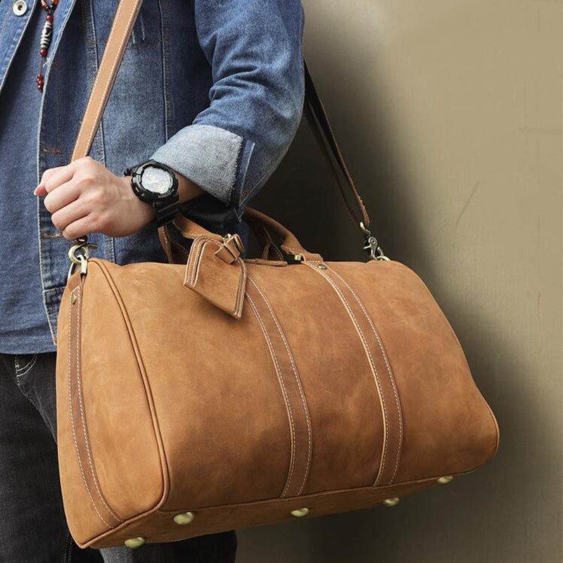 Travel Gifts Men Leather Travel Bag Overnight Bag Retro Duffel Bag Weekender Bag Tote Duffle Bag - echopurse