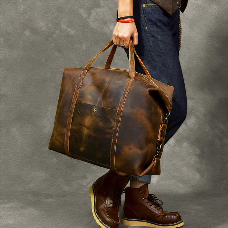 Vintage Men Travel Bags Crazy Horse Leather Men Short Trip Duffle Bag Overnight Bag - echopurse