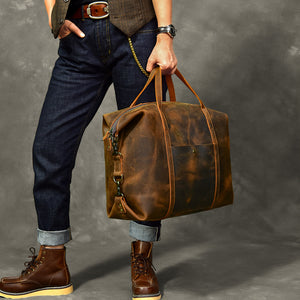 Vintage Men Travel Bags Crazy Horse Leather Men Short Trip Duffle Bag Overnight Bag - echopurse