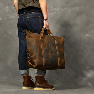 Vintage Men Travel Bags Crazy Horse Leather Men Short Trip Duffle Bag Overnight Bag - echopurse