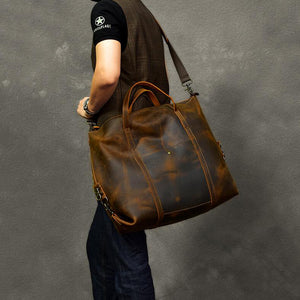 Vintage Men Travel Bags Crazy Horse Leather Men Short Trip Duffle Bag Overnight Bag - echopurse