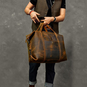 Vintage Men Travel Bags Crazy Horse Leather Men Short Trip Duffle Bag Overnight Bag - echopurse