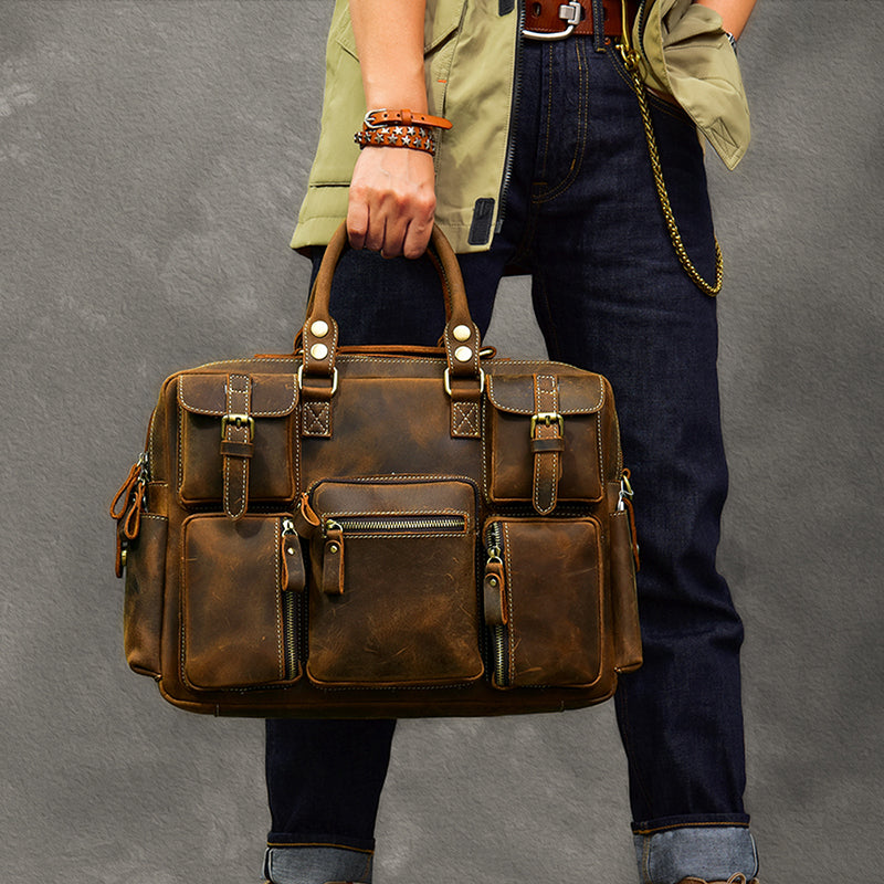 Vintage Tote Travel Bags Crazy Horse Leather Overnight Bag Men